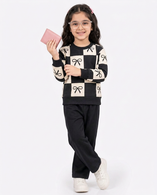 Girls & Boys ; Black & White Bow Checkered Fleece Co-Ord Set