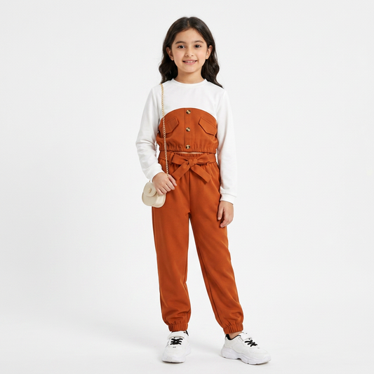 Brown : Kids Beige Button-Front Jumpsuit