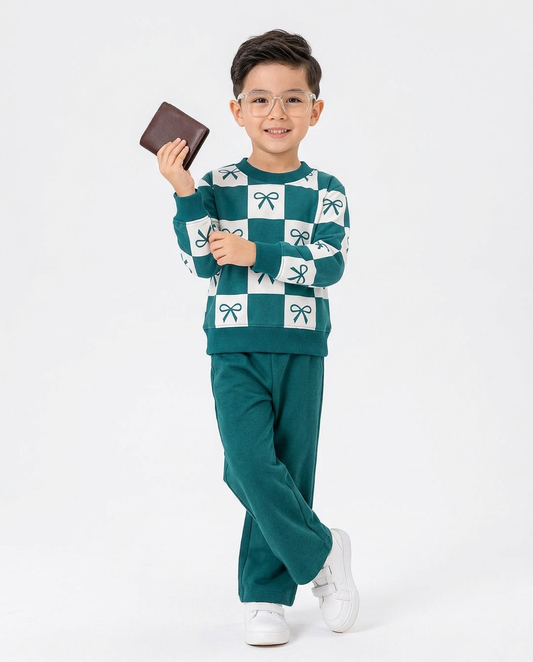 Girls & Boys ; Teal Green Bow Checkered Fleece Co-Ord Set