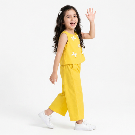 YELLOW Girls Stylish Sleeveless Top & Wide-Leg Pants Co-Ord Set