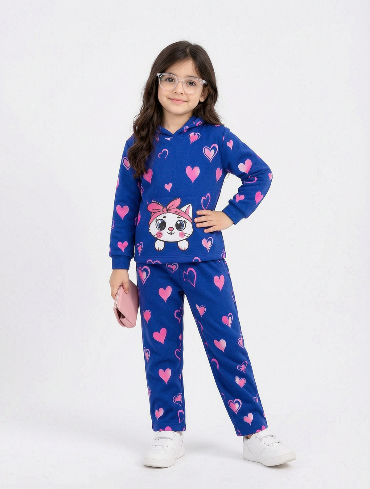 Girls Blue &amp; Pink Heart Cat Print Fleece Hoodie Set