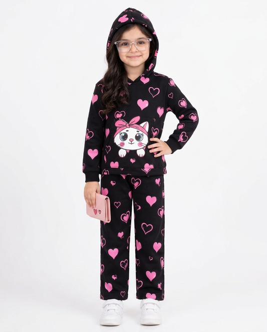 Girls Black &amp; Pink Heart Cat Print Fleece Hoodie Set