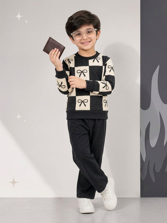 Girls & Boys ; Black & White Bow Checkered Fleece Co-Ord Set