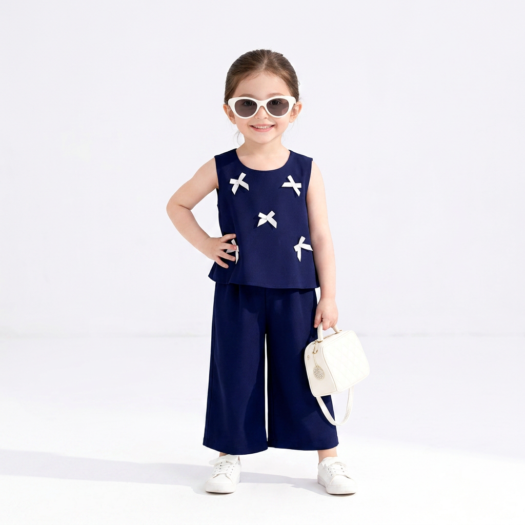Navy Blue : Girls Stylish Sleeveless Top & Wide-Leg Pants Co-Ord Set