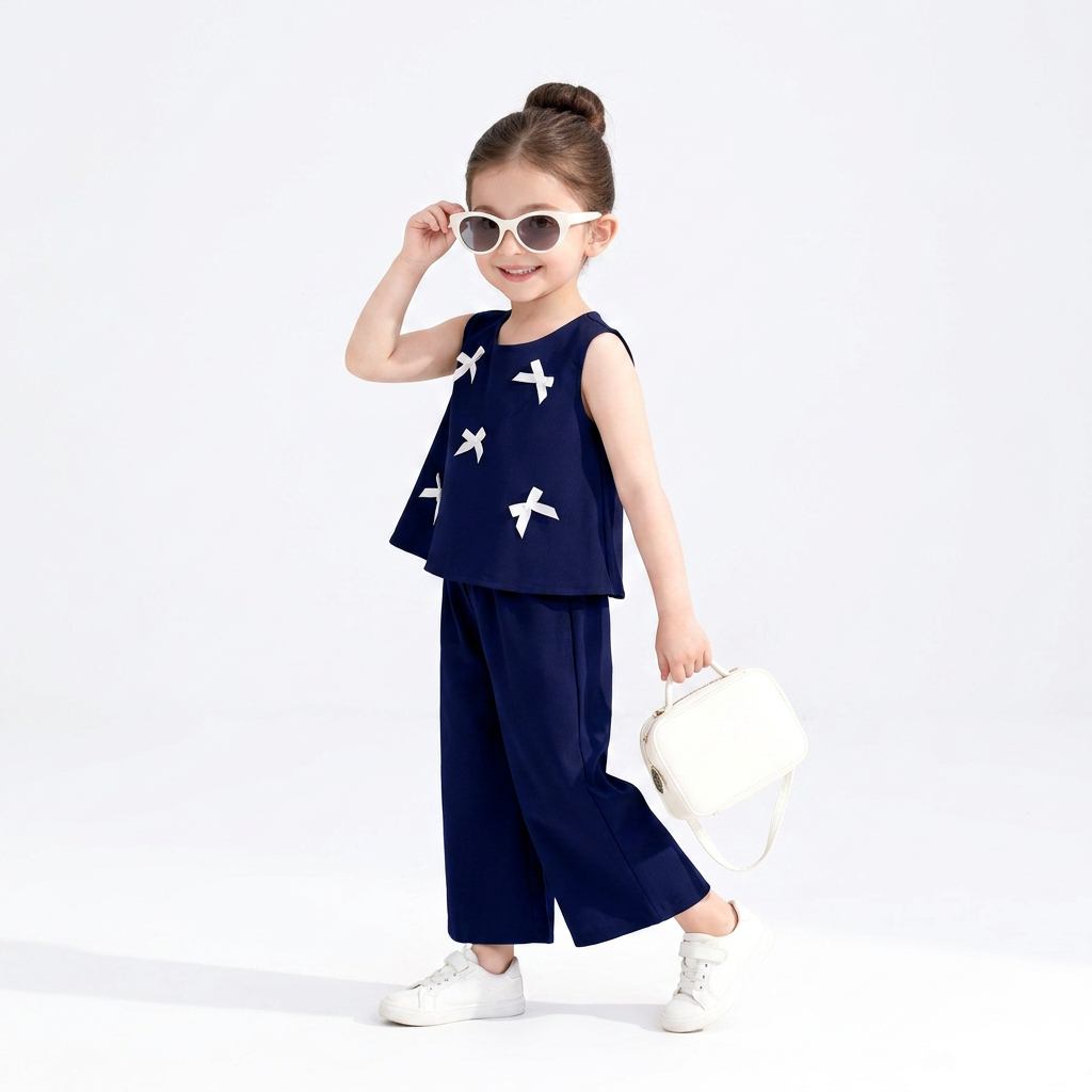 Navy Blue : Girls Stylish Sleeveless Top & Wide-Leg Pants Co-Ord Set