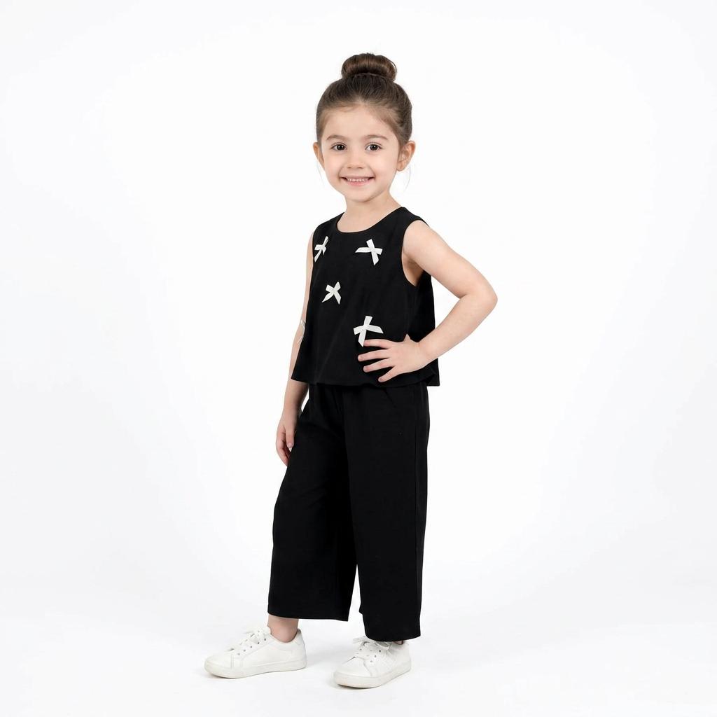 Black : Girls Stylish Sleeveless Top & Wide-Leg Pants Co-Ord Set