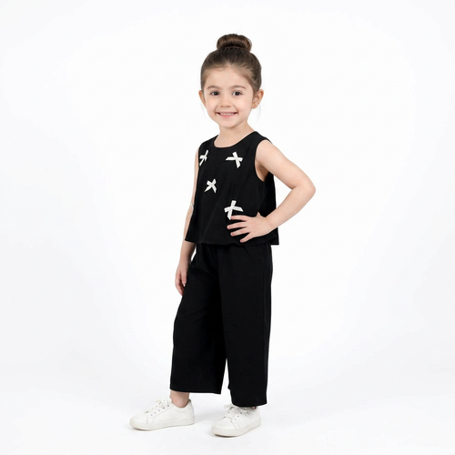 Black : Girls Stylish Sleeveless Top & Wide-Leg Pants Co-Ord Set