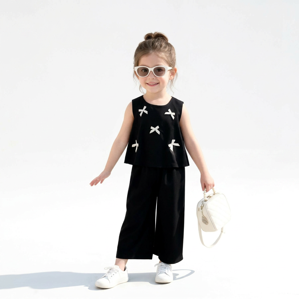 Black : Girls Stylish Sleeveless Top & Wide-Leg Pants Co-Ord Set