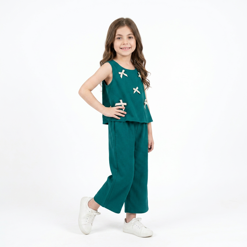 Green : Girls Stylish Sleeveless Top & Wide-Leg Pants Co-Ord Set