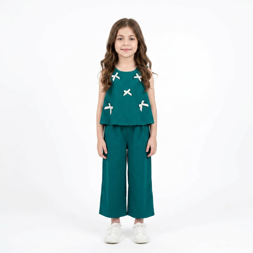 Green : Girls Stylish Sleeveless Top & Wide-Leg Pants Co-Ord Set