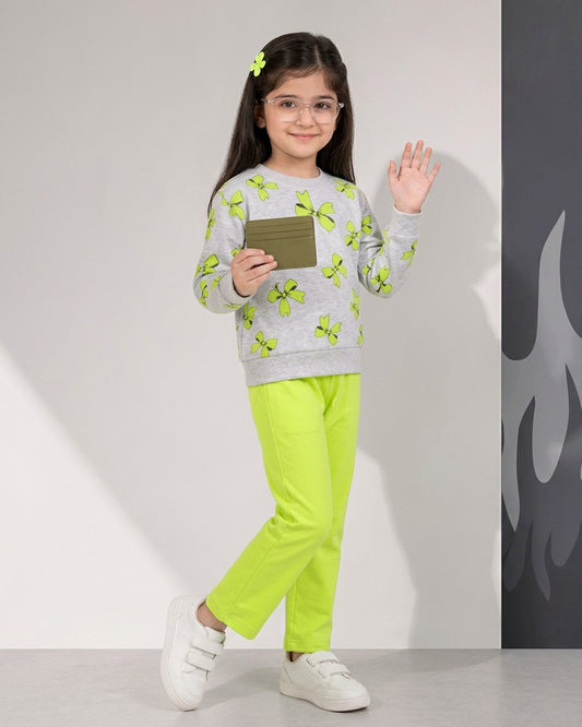 Girls Lime Green & Grey Bow Print Fleece Tracksuit
