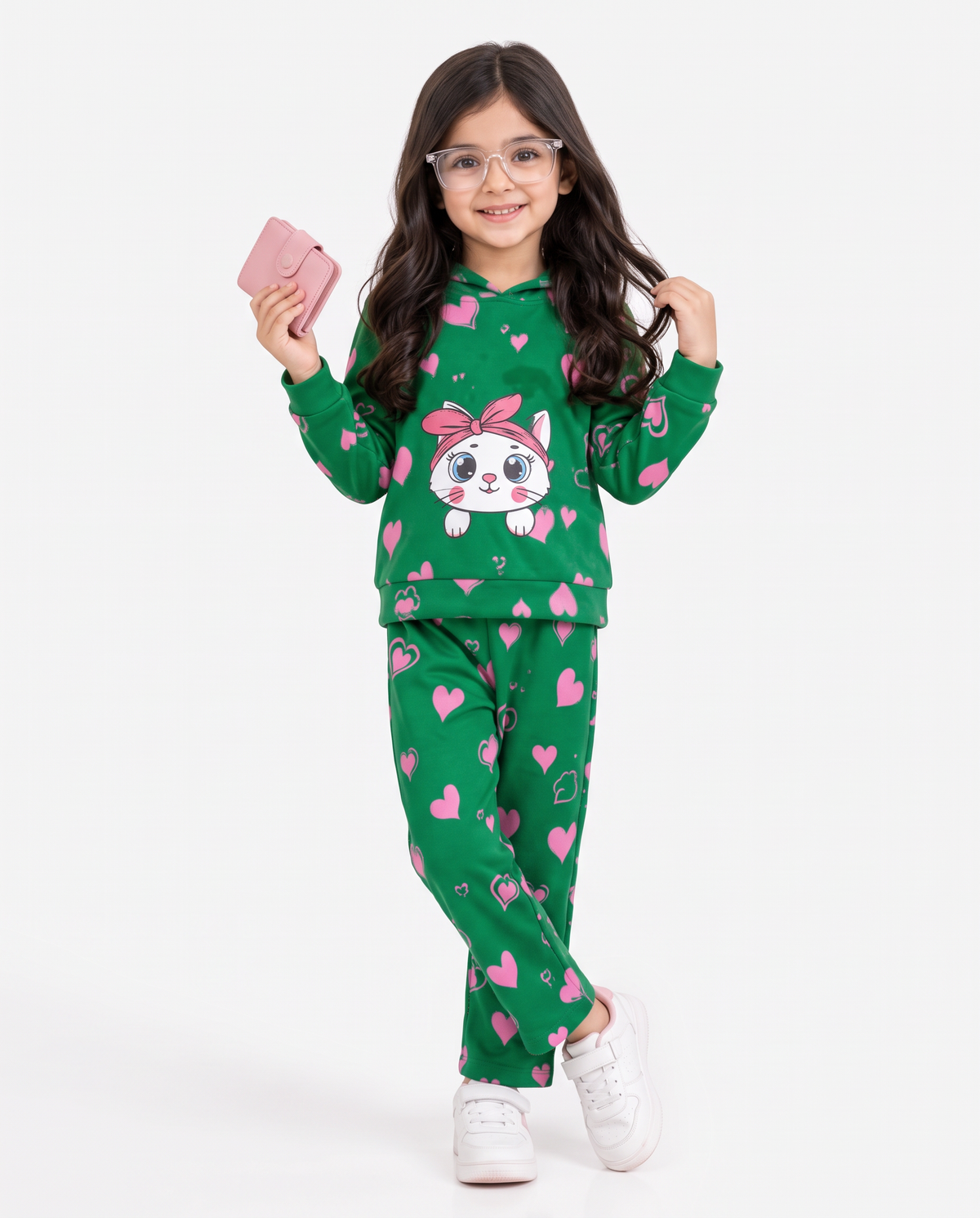 Girls Green &amp; Pink Heart Cat Print Fleece Hoodie Set