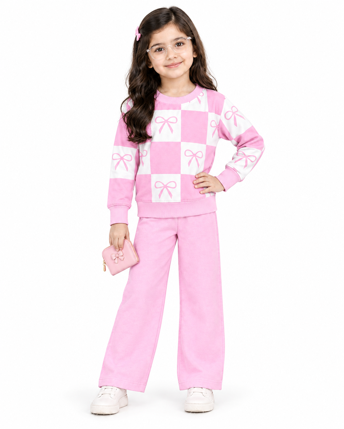 Girls Pink Bow Checkered Fleece Co-Ord Set