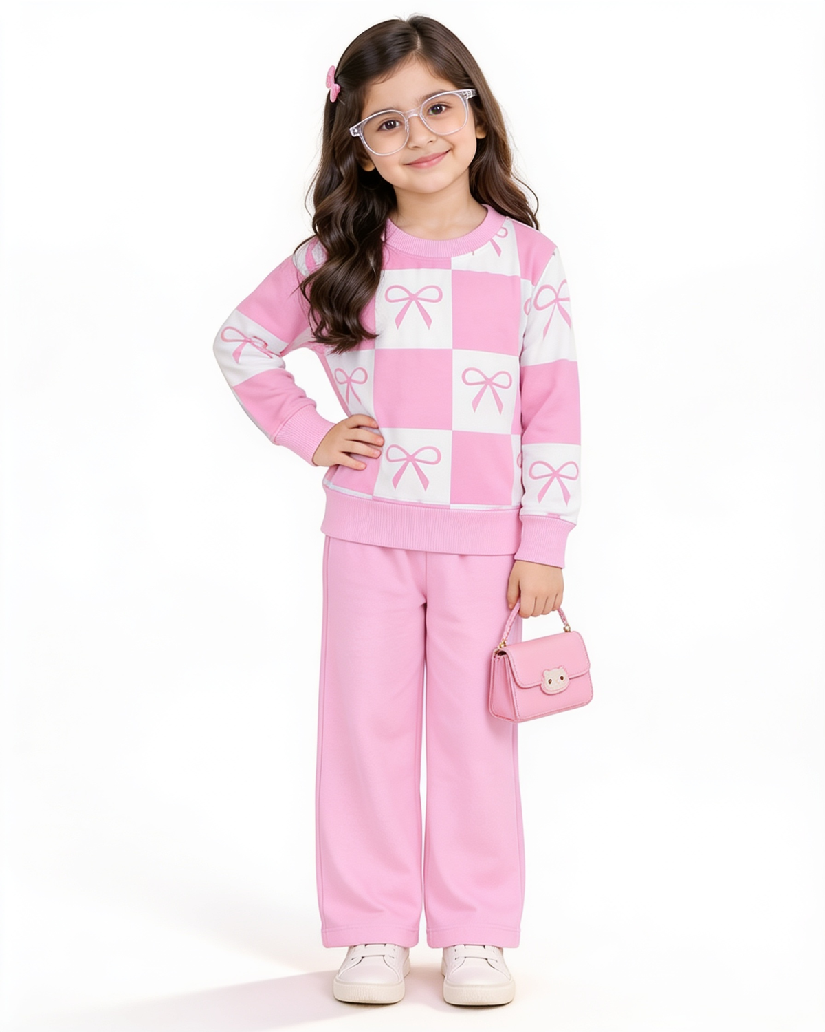 Girls Pink Bow Checkered Fleece Co-Ord Set