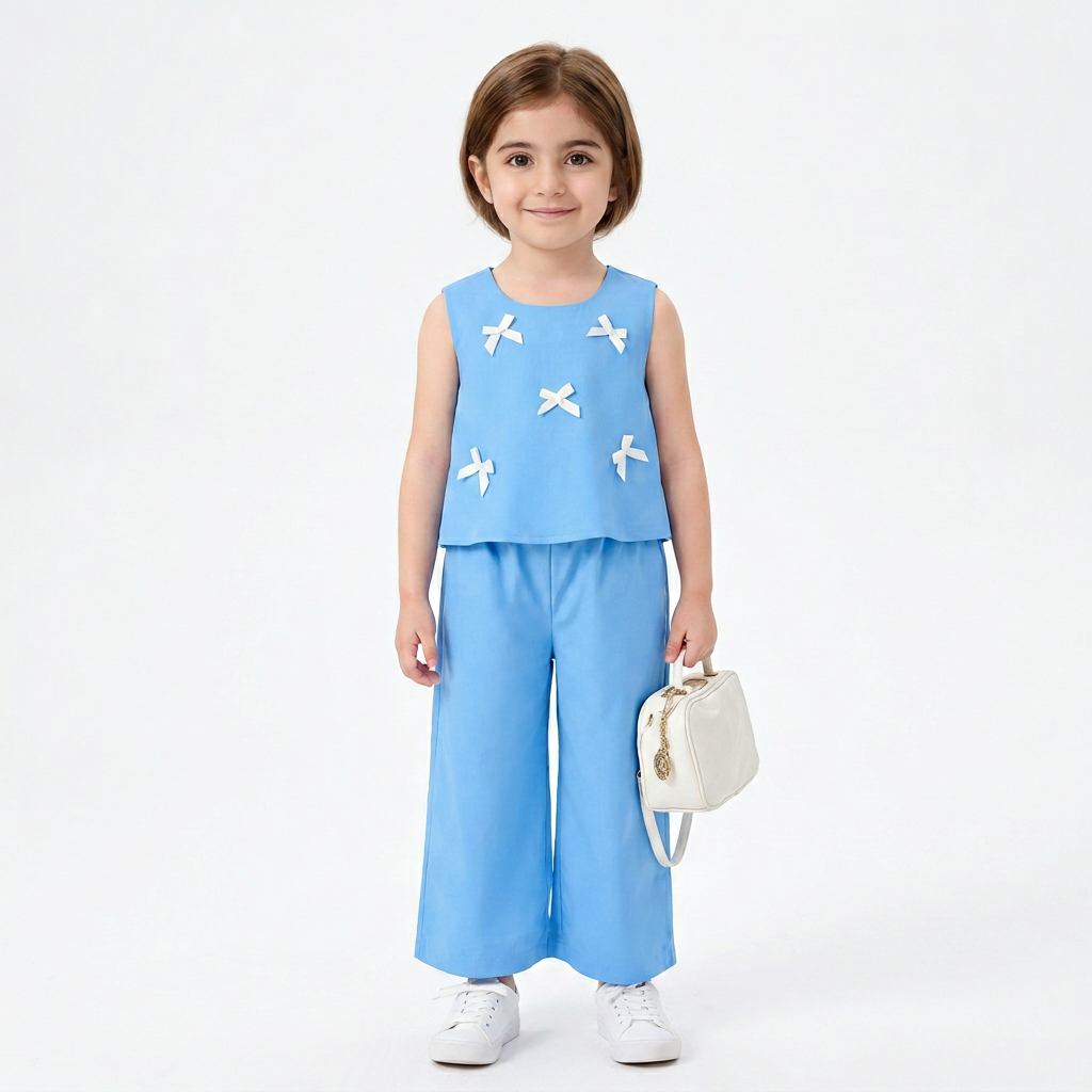 Sky Blue : Girls Stylish Sleeveless Top & Wide-Leg Pants Co-Ord Set