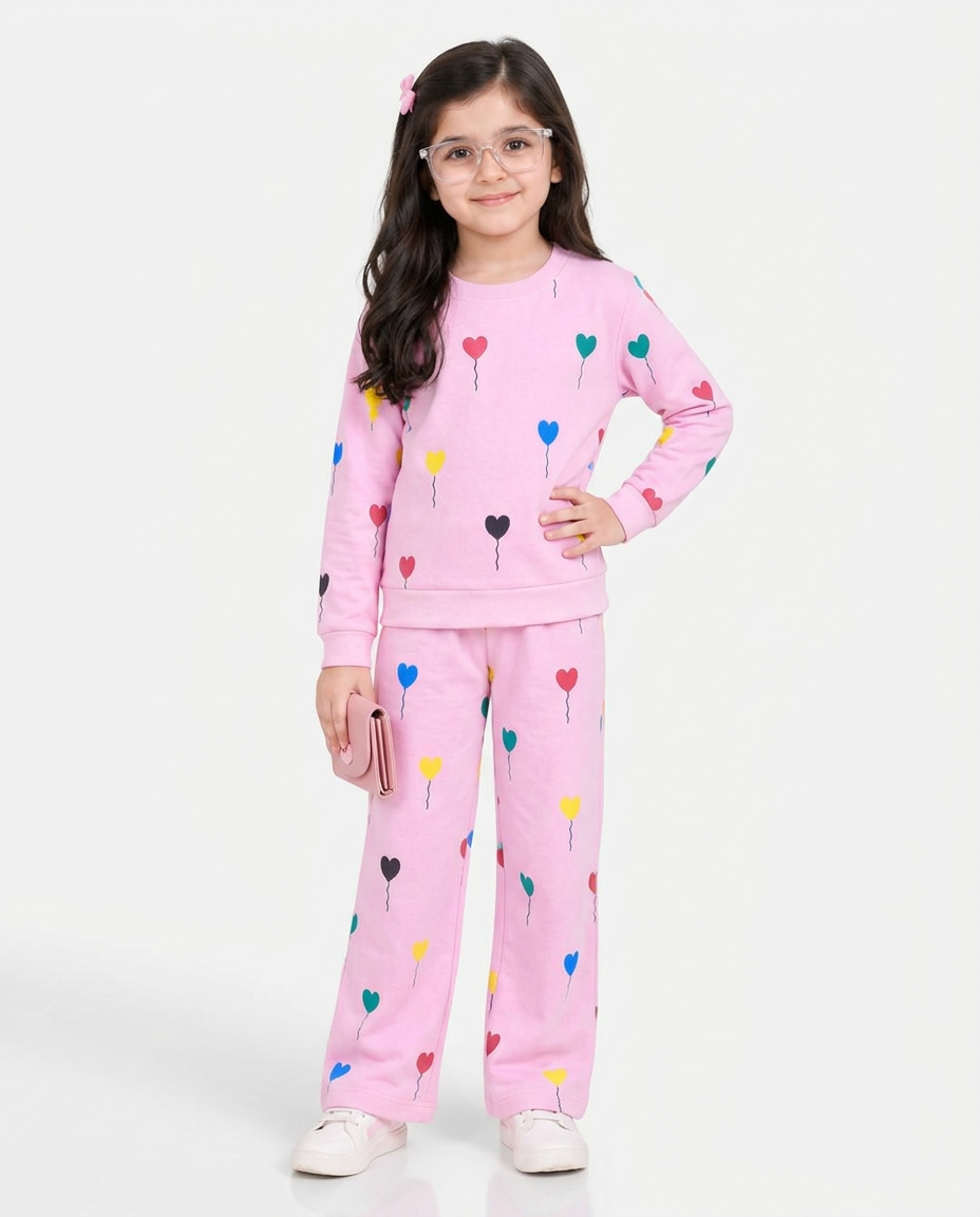 Girls Multicolor Heart Print Fleece Co-Ord Set