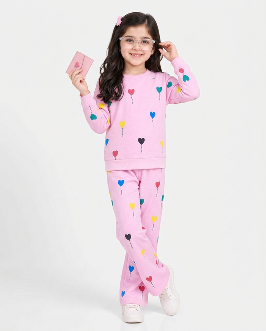 Girls Multicolor Heart Print Fleece Co-Ord Set