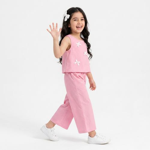 BABY PINK Girls Stylish Sleeveless Top & Wide-Leg Pants Co-Ord Set