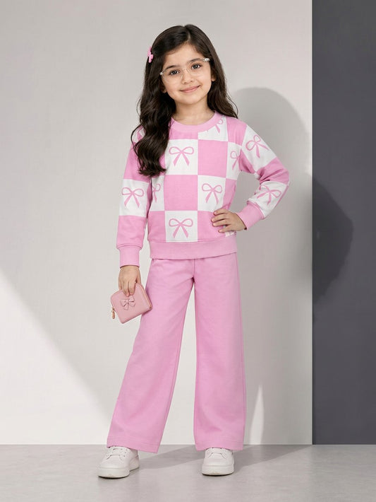 Girls Pink Bow Checkered Fleece Co-Ord Set