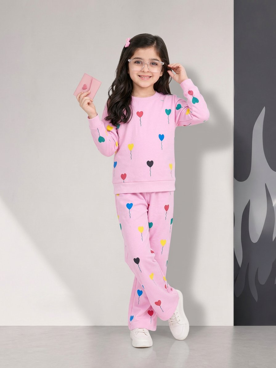 Girls Multicolor Heart Print Fleece Co-Ord Set