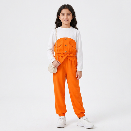 Light Orange : Kids Beige Button-Front Jumpsuit