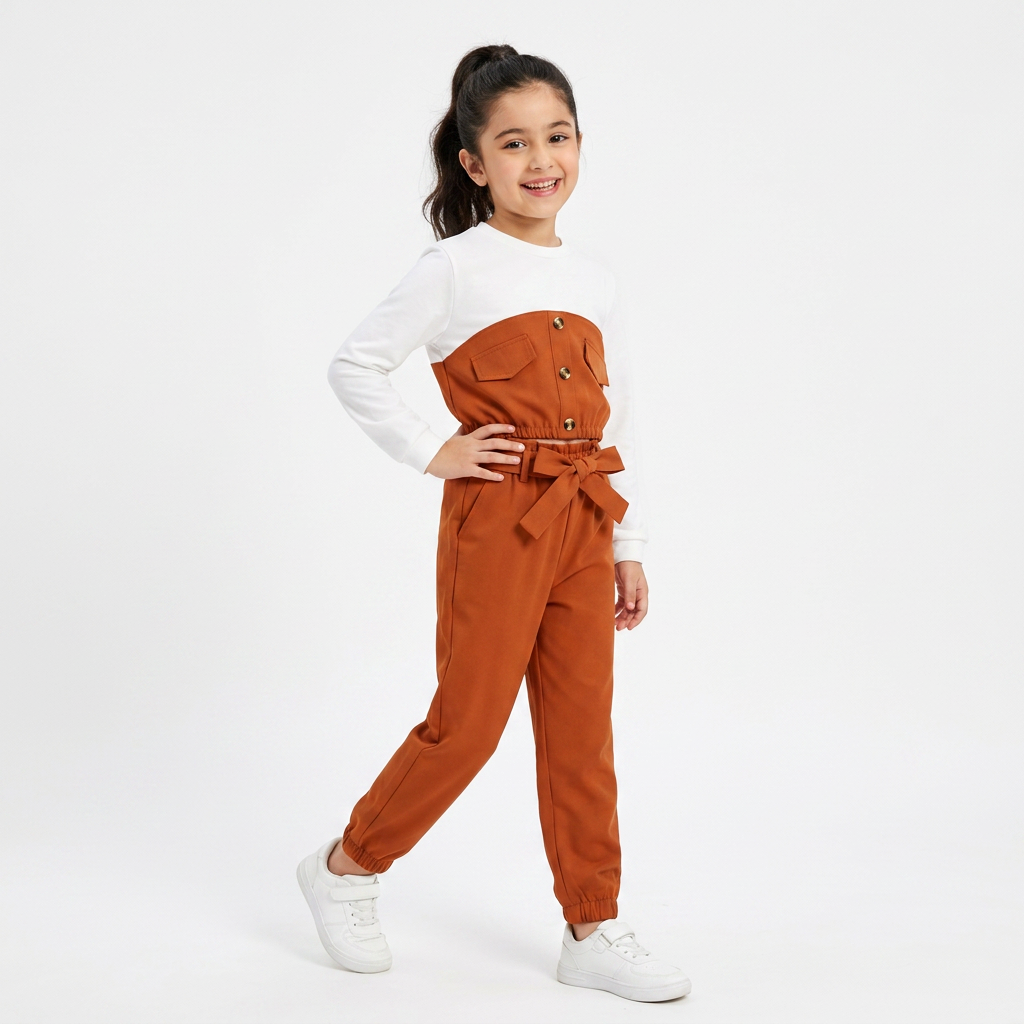 Brown : Kids Beige Button-Front Jumpsuit