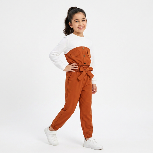 Brown : Kids Beige Button-Front Jumpsuit