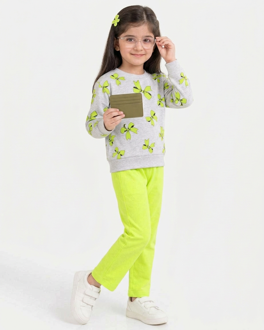 Girls Lime Green & Grey Bow Print Fleece Tracksuit