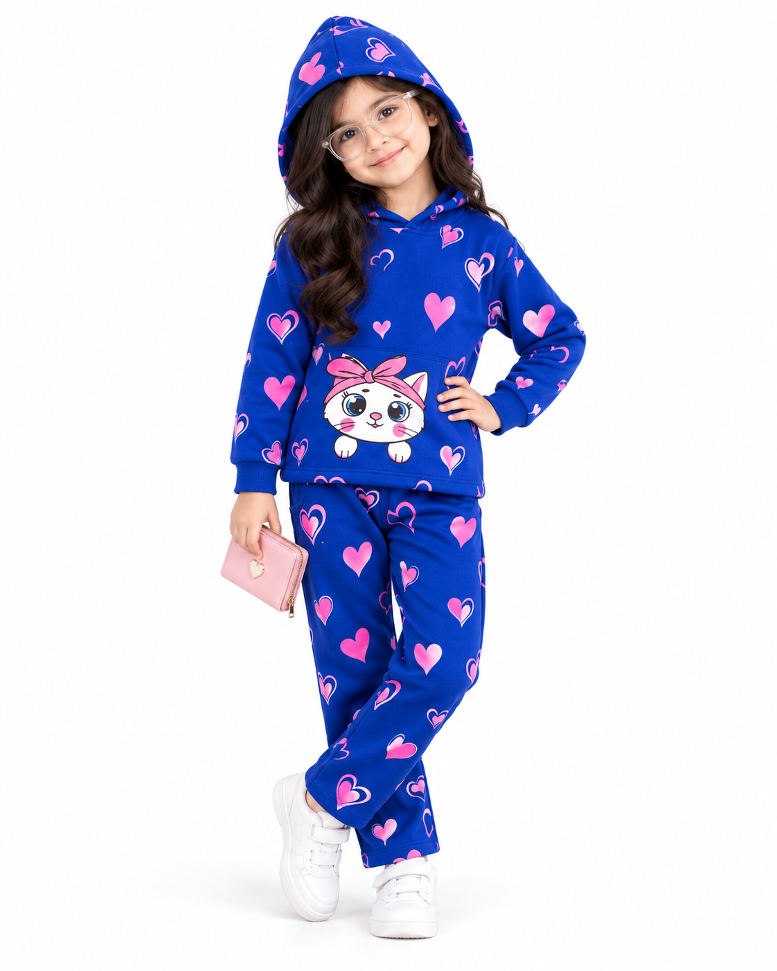 Girls Blue &amp; Pink Heart Cat Print Fleece Hoodie Set