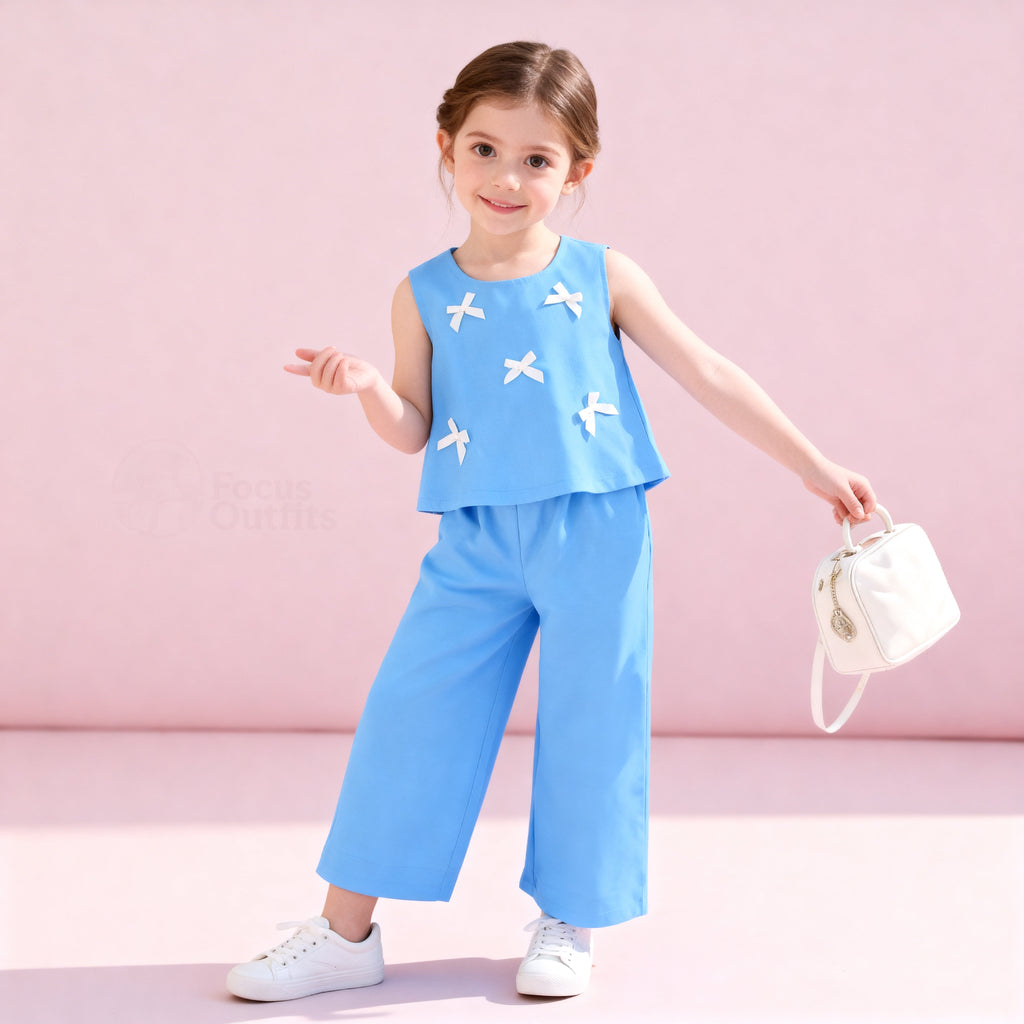 Sky Blue : Girls Stylish Sleeveless Top & Wide-Leg Pants Co-Ord Set
