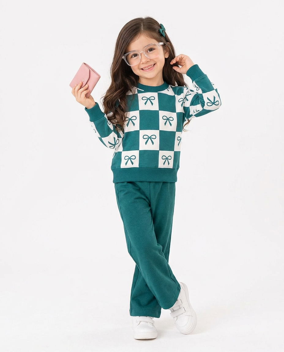 Girls & Boys ; Teal Green Bow Checkered Fleece Co-Ord Set