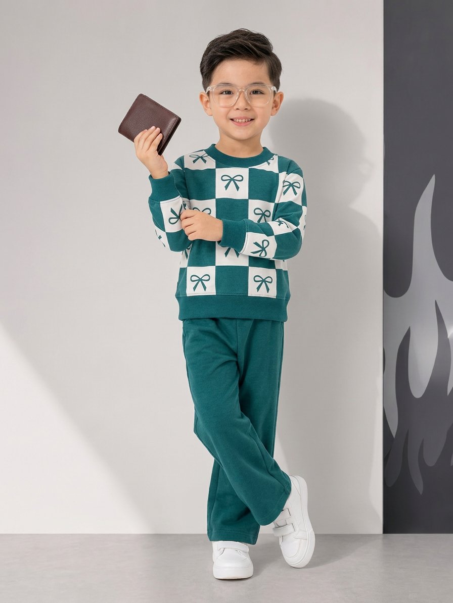Girls & Boys ; Teal Green Bow Checkered Fleece Co-Ord Set