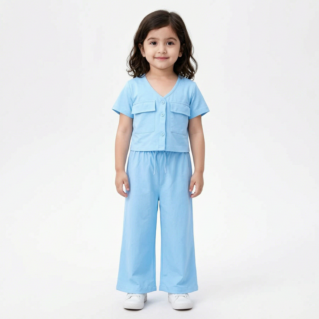 SKY BLUE TWO SIDE POCKET STYLE KIDS DRESS