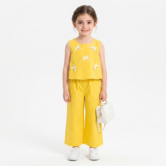 YELLOW Girls Stylish Sleeveless Top & Wide-Leg Pants Co-Ord Set