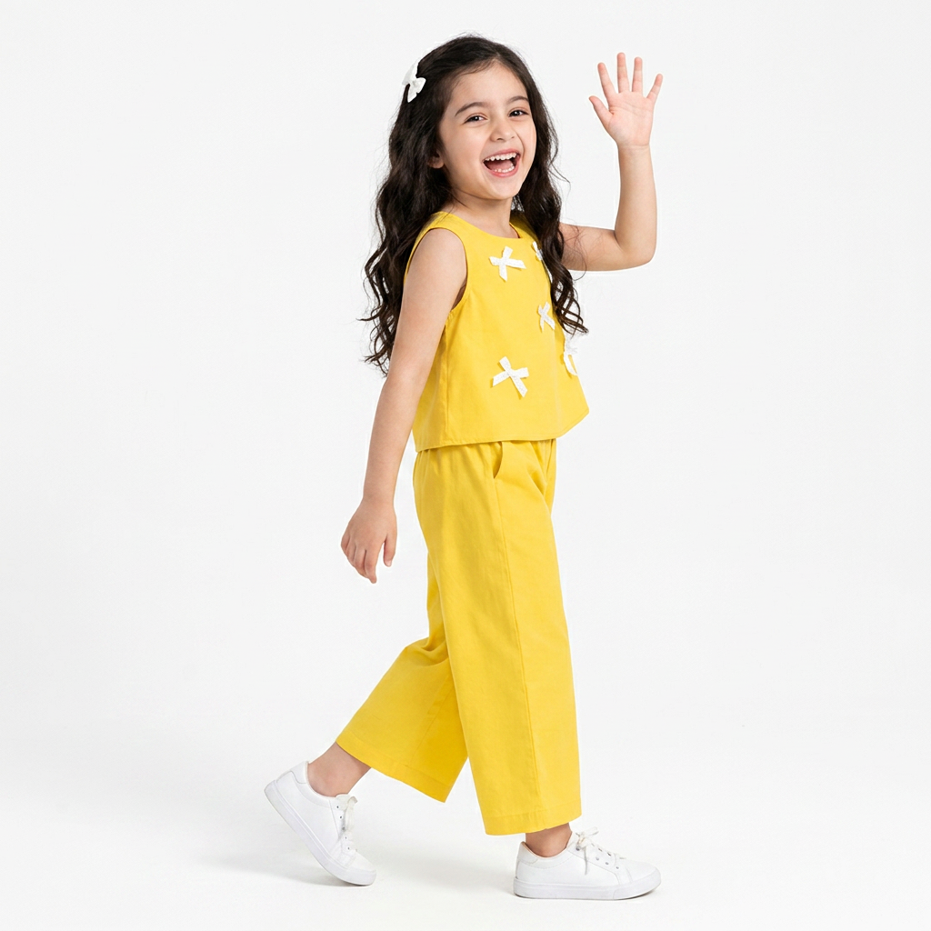 YELLOW Girls Stylish Sleeveless Top & Wide-Leg Pants Co-Ord Set